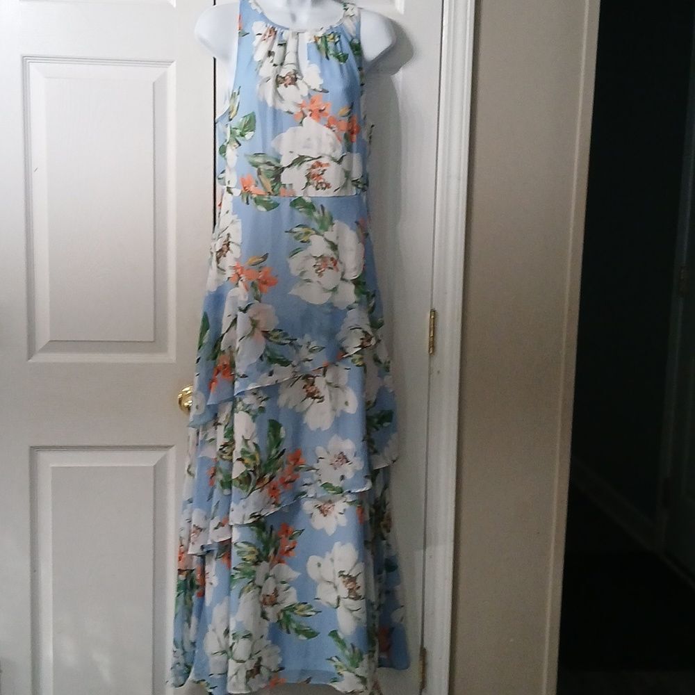 Est 1946 blue white peach sleeveless floral print layered dress Sz M EUC